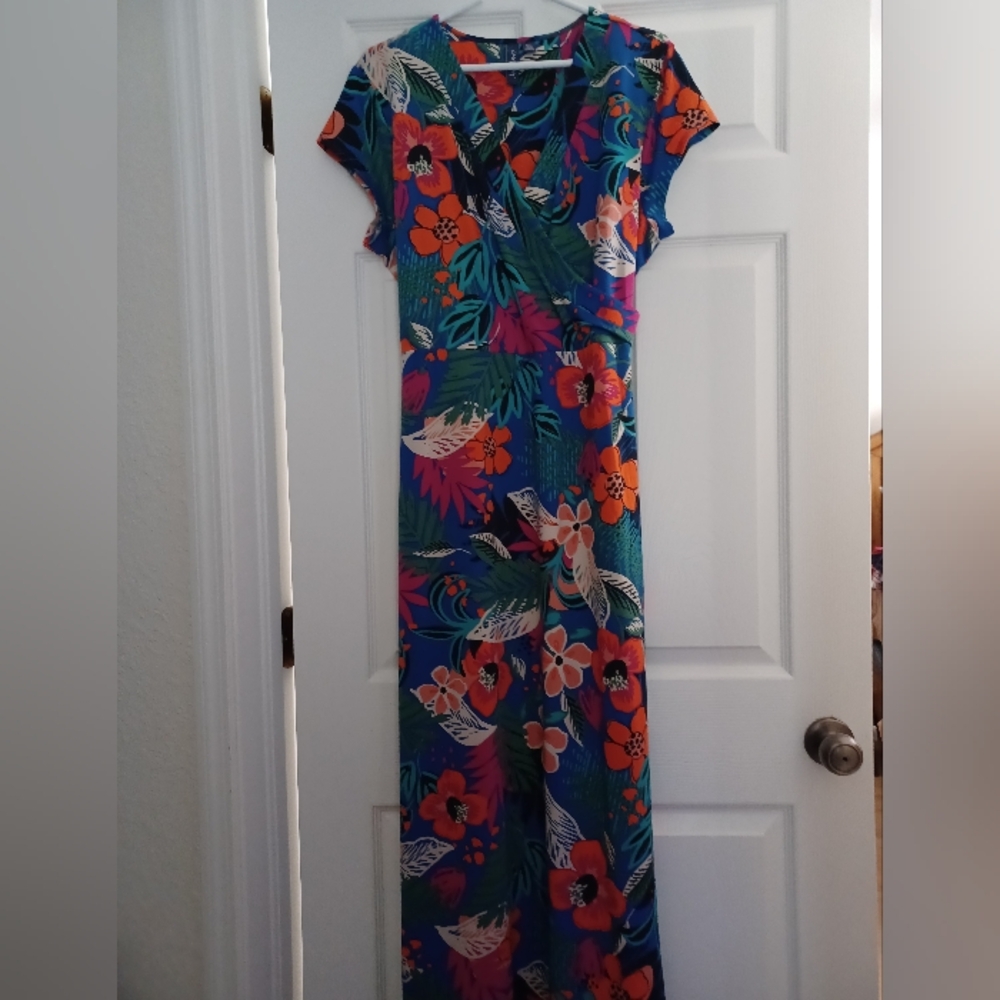 Casey Key Womens Size XL Tropical Floral Maxi Dress in Blue and Orange